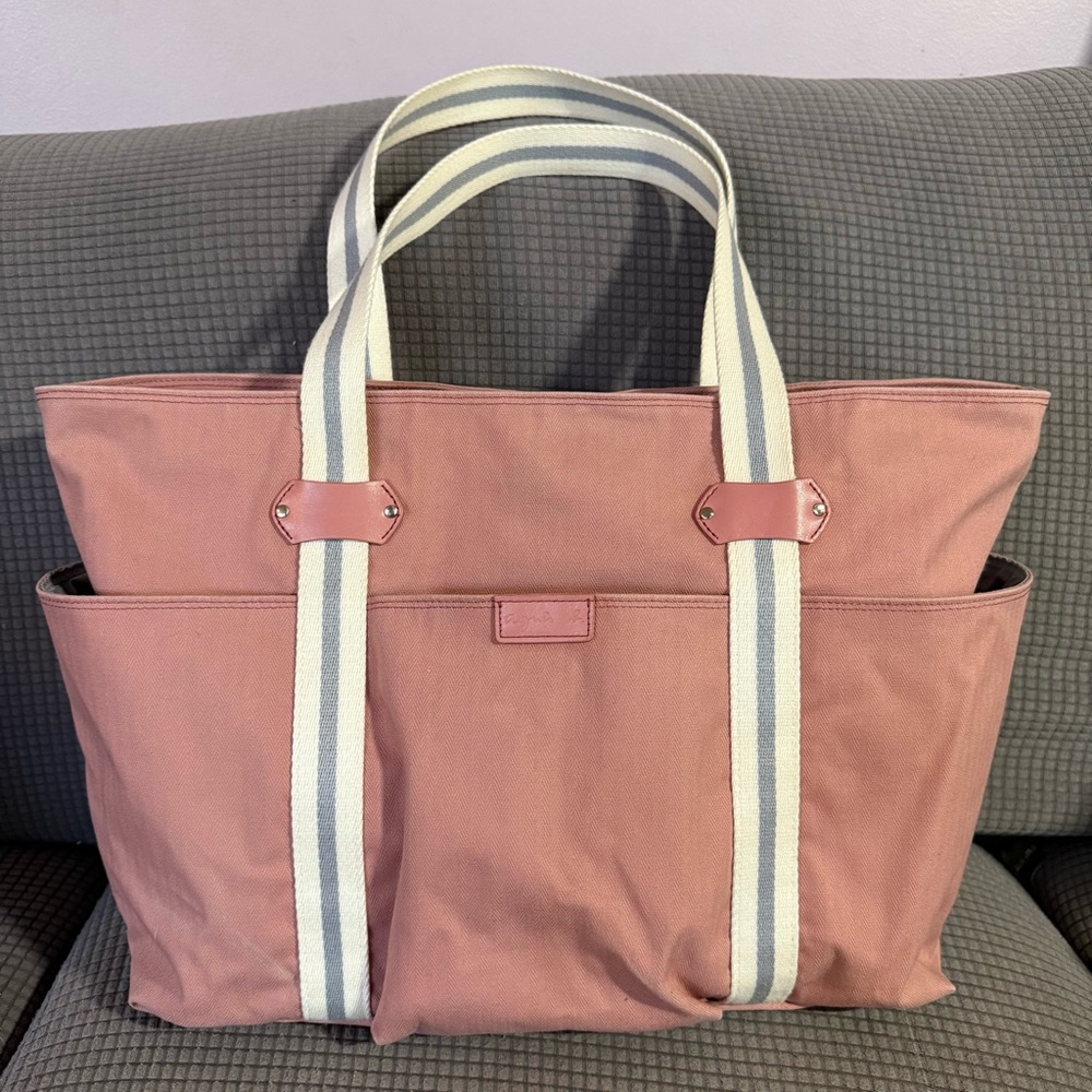 Vintage Agnes B Large Pink Canvas Tote Bag Handbag Striped Handles Made In Japan